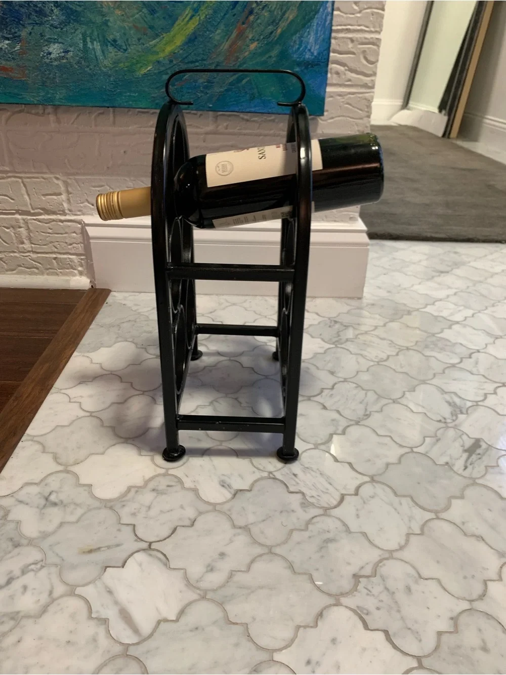 Vintage Black Wrought Iron/Metal 5-Bottle Wine Rack - Compact Countertop Holder
